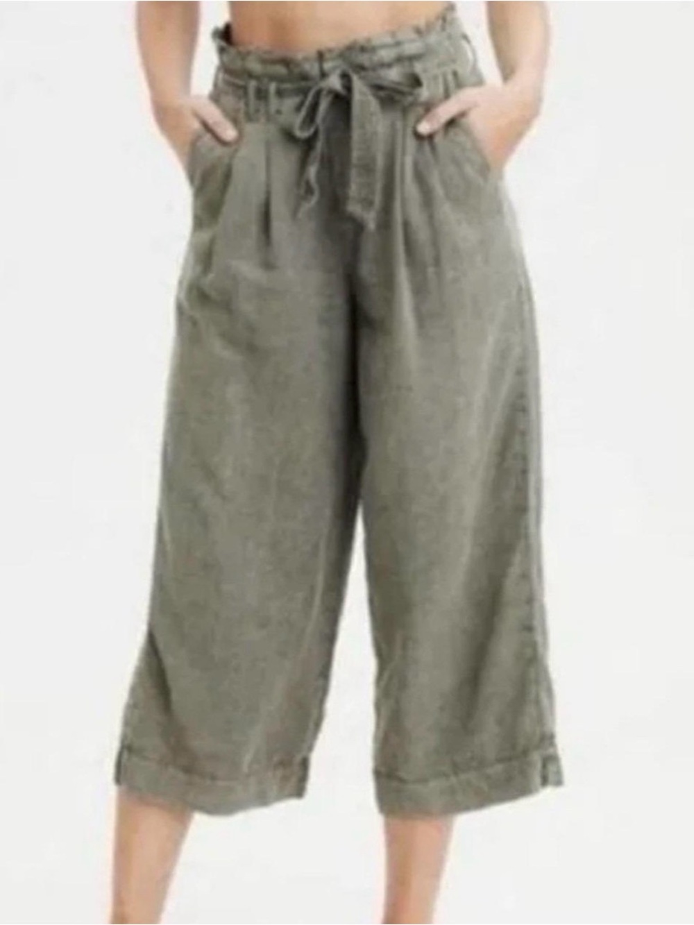 American Eagle Paperbag Waist Cropped Wide-Leg Pants - Olive